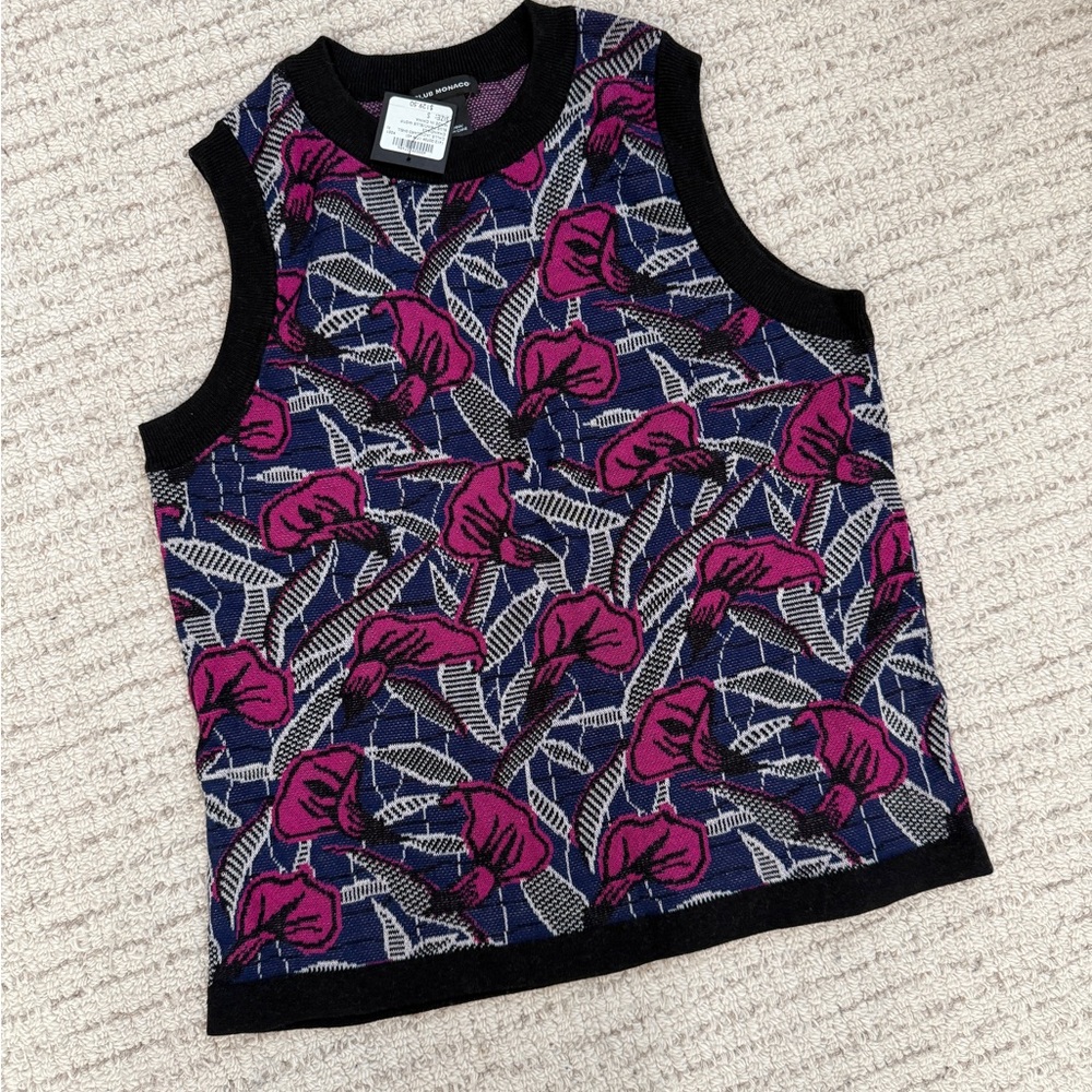 Club Monaco Navy, Black & Magenta Floral Knit Sleeveless Sweater Vest